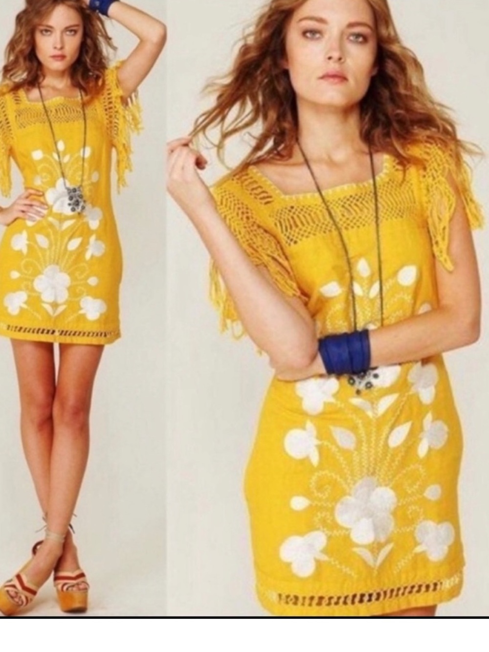 Free People Macrame Fringe Linen Mexican Embroidery Dress Boho Yellow Festival 0
